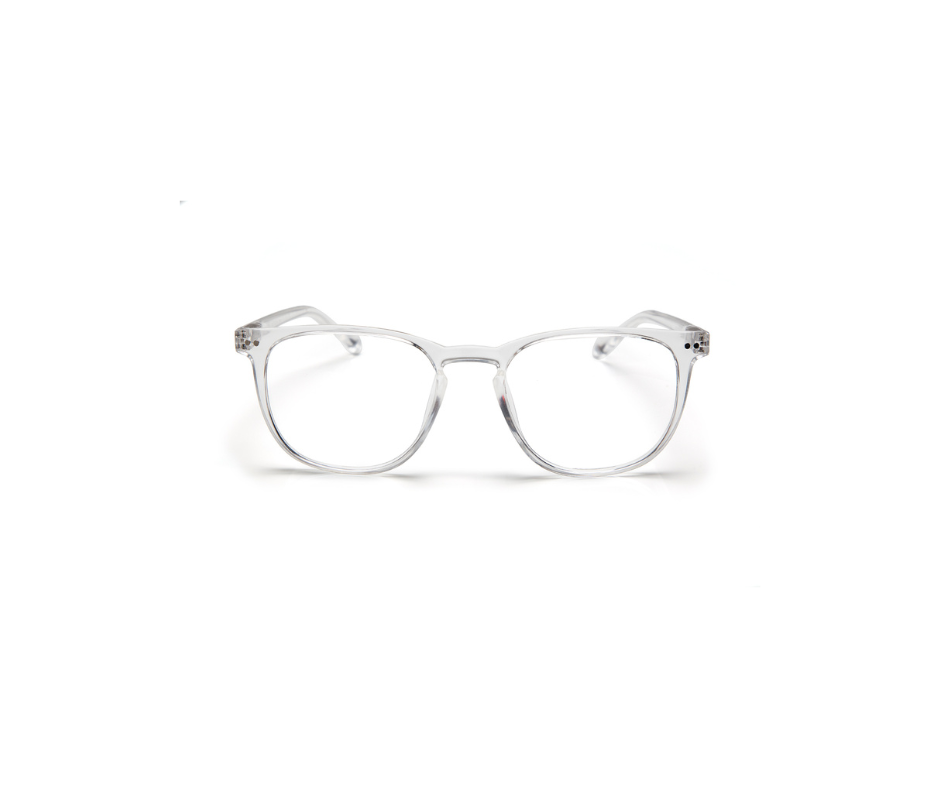 THE GEORGE - Crystal Clear: A pair of clear, rectangular spectacles with transparent frames, centred on a white background—ideal for anyone seeking unique, curated accessories in Tallinn. Gate21.ee