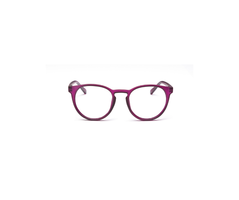 The PAPILLON - Deep Purple spectacles feature round, deep purple frames and are shown from the front on a white background—ideal for finding your next unique look in Tallinn’s concept shops. Gate21.ee
