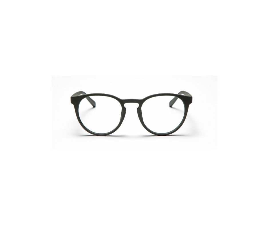The PAPILLON - Olive Green, a pair of spectacles with round lenses and Estonian design, is shown from the front on a white background. Gate21.ee