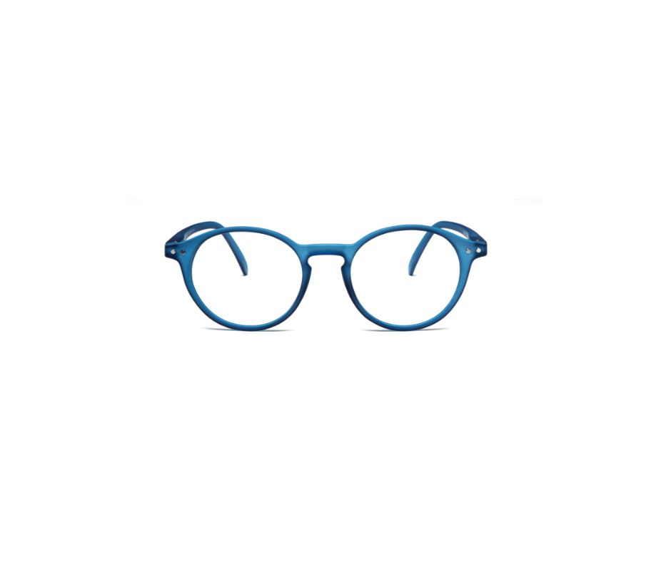 FAUST - Vintage Blue: Round matte blue eyeglasses featured on a white background. Their simple, modern look embodies the clean aesthetic typical of Estonian design and Tallinn concept shops. Gate21.ee