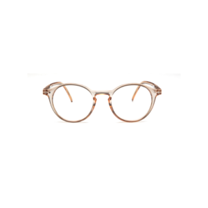 The FAUST - Crystal Champagne features round, clear frames with thin arms, shown on a white background—ideal for those looking for standout Estonian design on their next Tallinn shopping trip. Gate21.ee