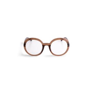 Centred on a white background, JANE - Hazel features round brown frames with clear lenses, showcasing Estonian minimalism—an ideal find for your Tallinn shopping adventure or as a unique gift shop discovery. Gate21.ee