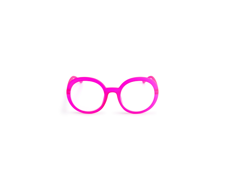 Centred on a white background, the JANE - Neon Pink eyeglass frames feature a round, playful design with clear lenses—perfect for creative inspiration at your favourite Tallinn concept store. Gate21.ee