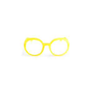 The JANE - Neon Yellow eyeglass frames, made of bright yellow plastic with round lenses and distinctive Estonian design, are displayed centred on a plain white background. Gate21.ee