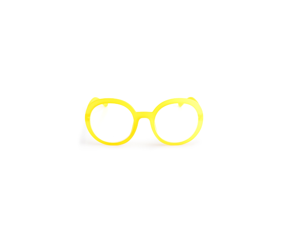 The JANE - Neon Yellow eyeglass frames, made of bright yellow plastic with round lenses and distinctive Estonian design, are displayed centred on a plain white background. Gate21.ee