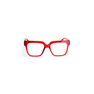 Centred on a plain white background, the MAX - Crystal Red eyeglasses feature square-shaped, thick frames—ideal for bringing a bold touch to any concept store or gift shop display. Gate21.ee