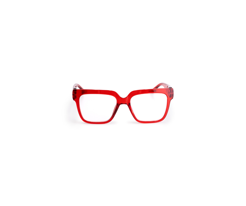 Centred on a plain white background, the MAX - Crystal Red eyeglasses feature square-shaped, thick frames—ideal for bringing a bold touch to any concept store or gift shop display. Gate21.ee