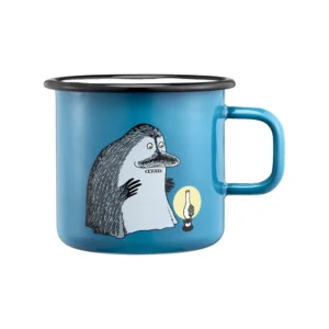 The Groke - Moomin blue enamel mug (550ml) features a cartoon creature with shaggy fur and a moustache by a lit oil lamp, has a black rim, large handle, and metal construction. Gate21.ee