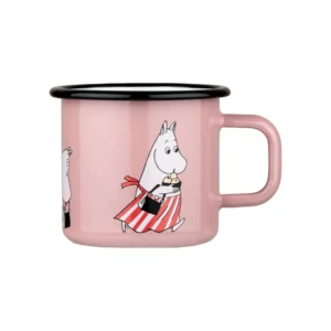 The Moomin Mamma pink enamel mug (3.7dl) features a white cartoon character in a red-and-white striped apron holding a cup and walking—perfect for unique finds from your favourite Tallinn shopping or gift shop. Gate21.ee