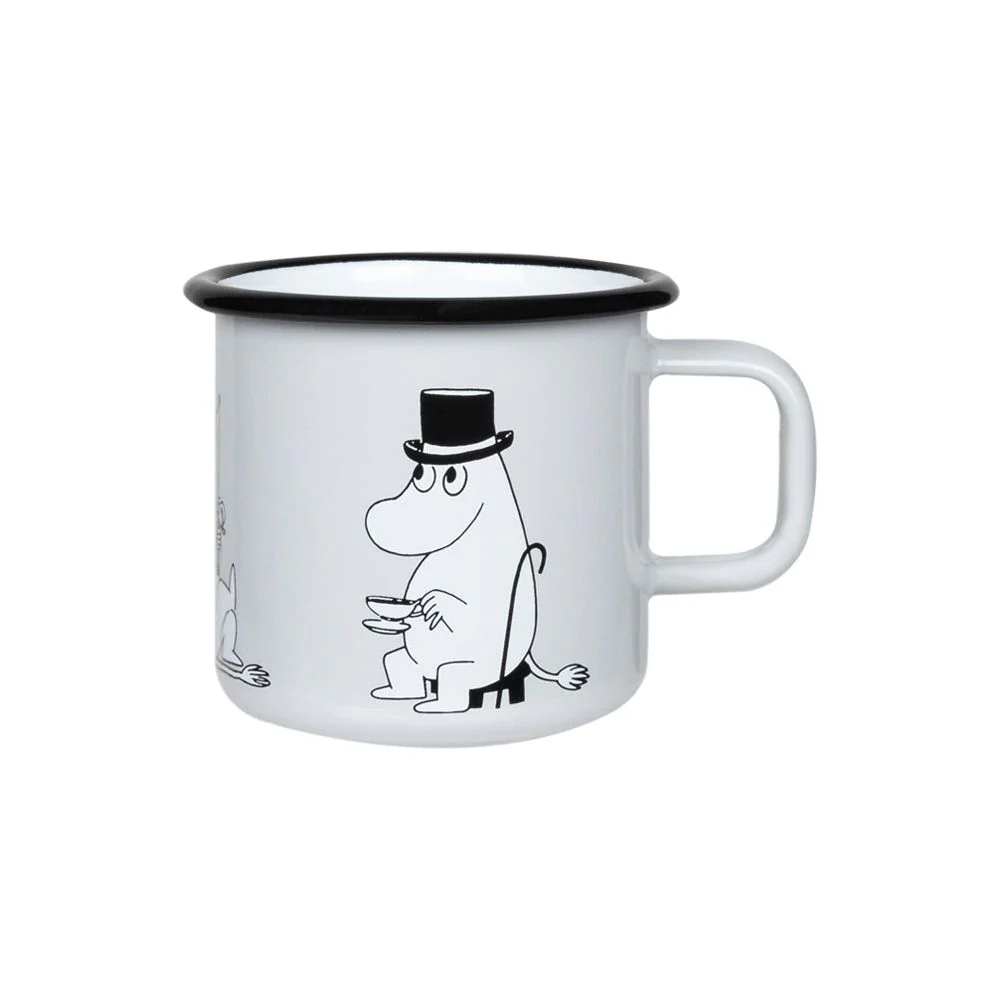 The Moomin Papa - Moomin grey enamel mug 3.7dl features a charming hippo-like character in a top hat—an ideal pick for unique gift ideas from your favourite concept shop or a memorable Tallinn shopping experience. Gate21.ee