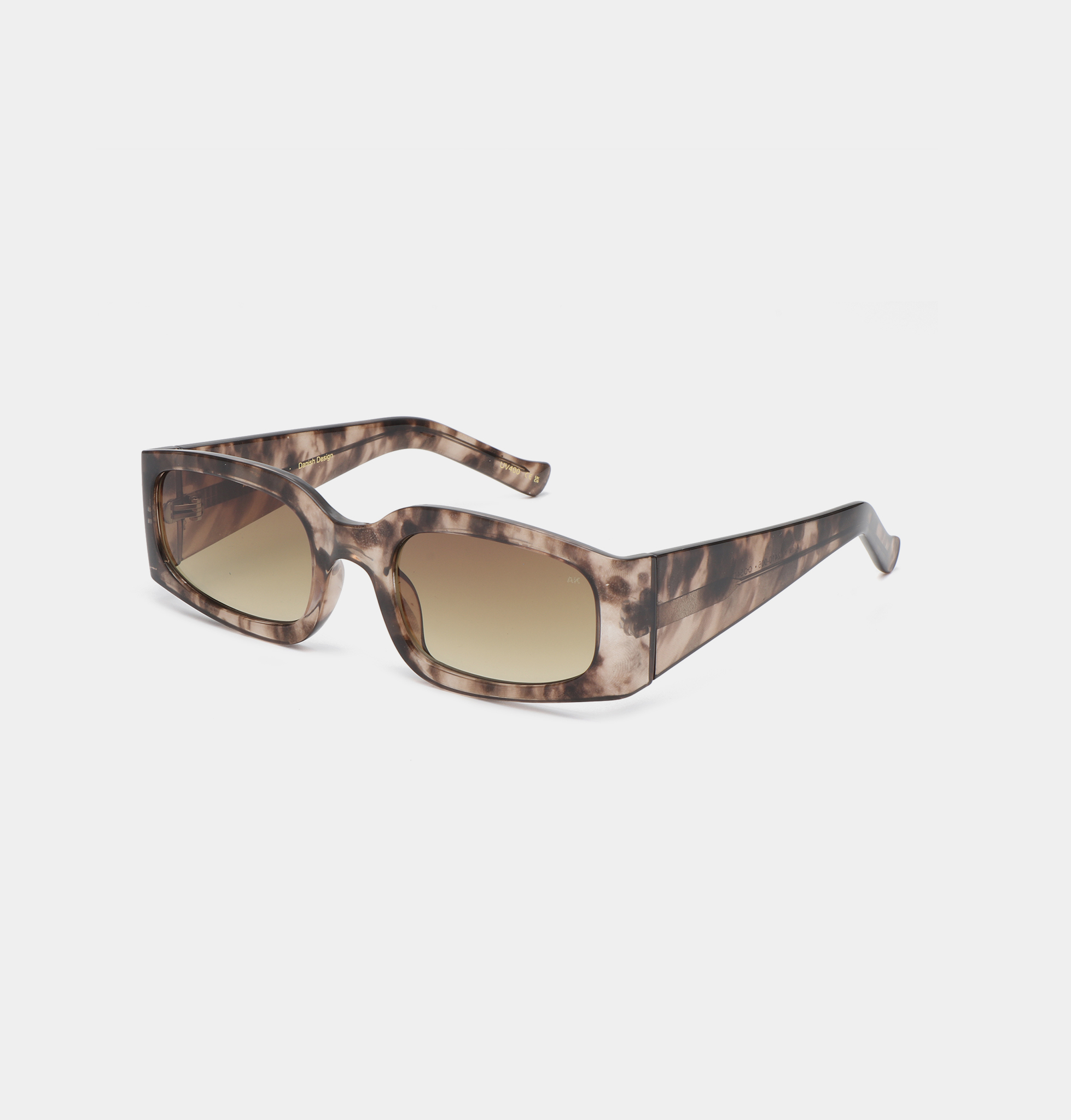 The ALEX - Coquina sunglasses feature a rectangular frame with a brown and beige tortoiseshell pattern and graduated brown lenses, showcased on a white background—a stylish accessory inspired by Estonian design. Gate21.ee