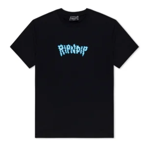 The Shocking Tee - Black features “RIPNDIP” in light blue, stylised letters across the chest. This short-sleeve t-shirt is displayed flat on a white background—an ideal addition to any gift shop collection. Gate21.ee