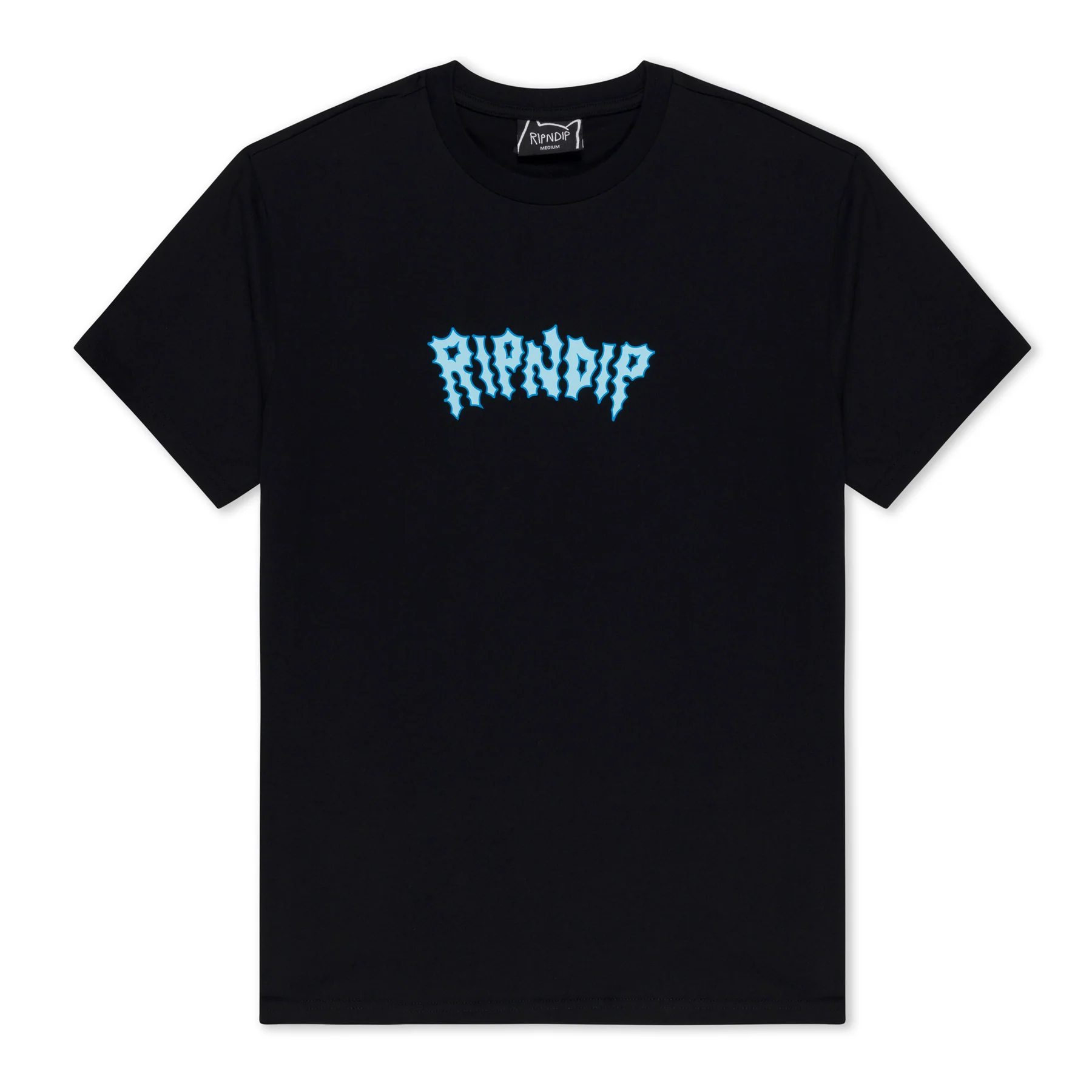 The Shocking Tee - Black features “RIPNDIP” in light blue, stylised letters across the chest. This short-sleeve t-shirt is displayed flat on a white background—an ideal addition to any gift shop collection. Gate21.ee
