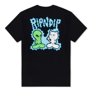 The Shocking Tee - Black features cartoon graphics of a green alien and a white cat side by side with gestures, plus bold blue and white RIPNDIP text above—perfect for Tallinn shopping fans. Gate21.ee