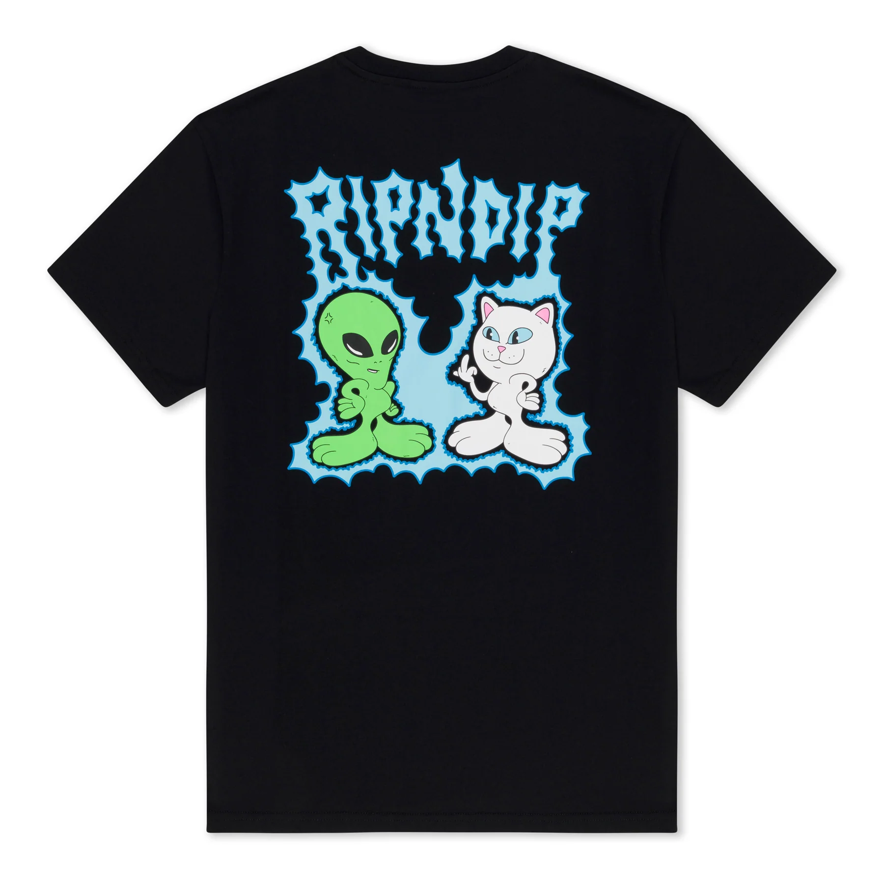 The Shocking Tee - Black features cartoon graphics of a green alien and a white cat side by side with gestures, plus bold blue and white RIPNDIP text above—perfect for Tallinn shopping fans. Gate21.ee