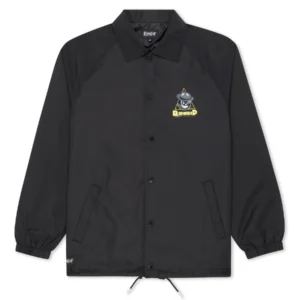 The Slice and Dice Jacket is a black button-up coach jacket with a pointed collar, front pockets, elasticated cuffs, and a cartoon graphic plus RIPNDIP text on the chest&mdash;perfect for fans of concept shops or those hunting for standout gift shop finds. Gate21.ee