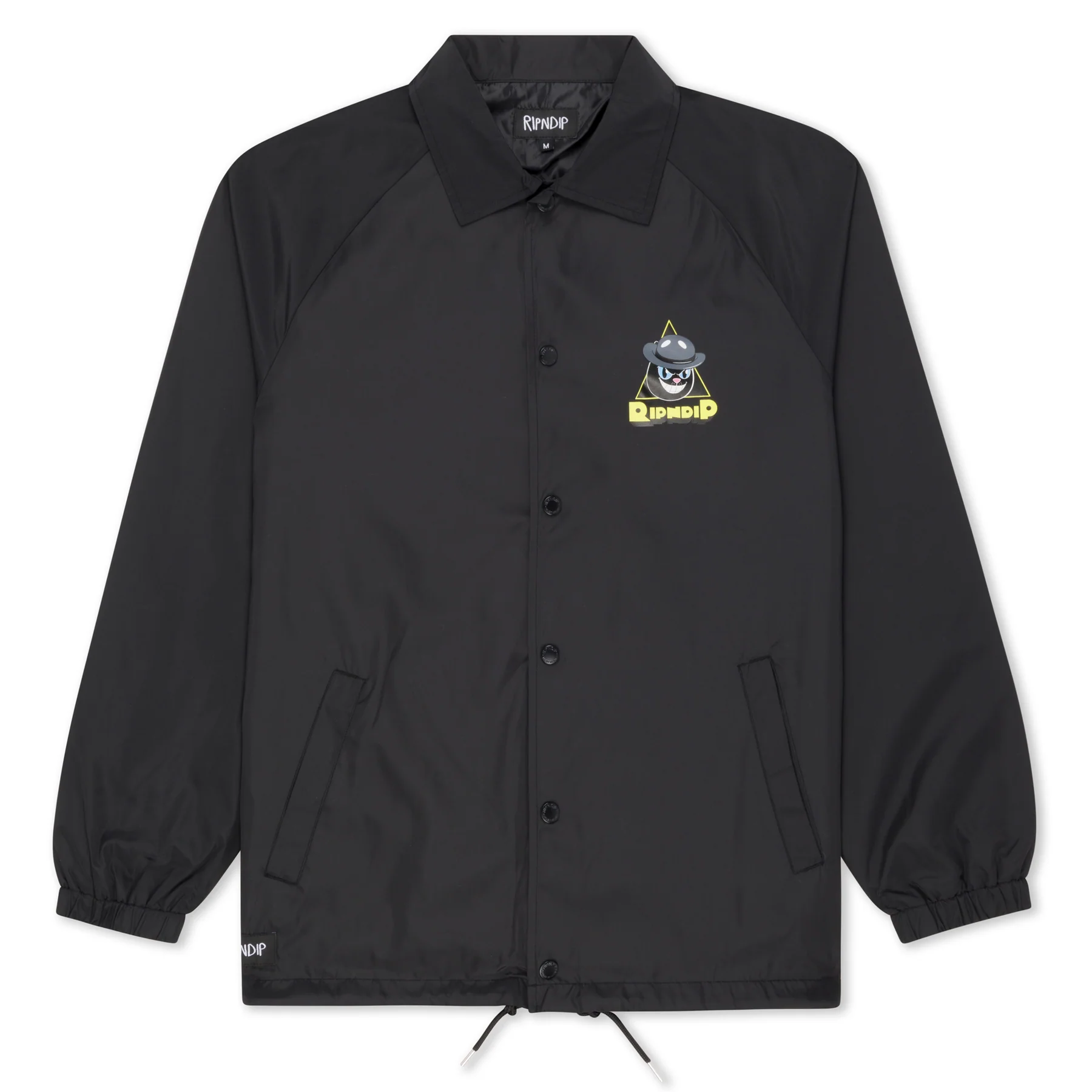 The Slice and Dice Jacket is a black button-up coach jacket with a pointed collar, front pockets, elasticated cuffs, and a cartoon graphic plus RIPNDIP text on the chest—perfect for fans of concept shops or those hunting for standout gift shop finds. Gate21.ee