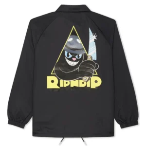 The Slice and Dice Jacket is a black jacket featuring a cartoon cat in a helmet holding a flick knife inside a yellow triangle with "RIPNDIP" below, showcasing unique ideas inspired by bold Estonian design. Gate21.ee