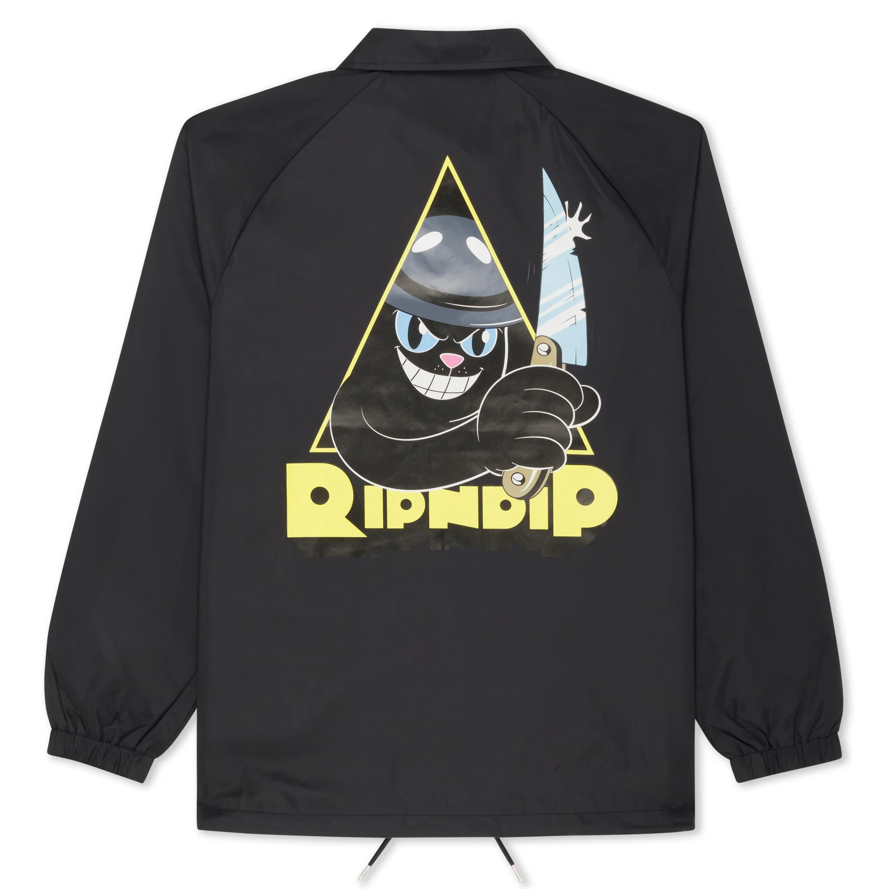The Slice and Dice Jacket is a black jacket featuring a cartoon cat in a helmet holding a flick knife inside a yellow triangle with "RIPNDIP" below, showcasing unique ideas inspired by bold Estonian design. Gate21.ee
