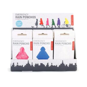 A curated Poncho display box with emergency rain ponchos in pink, blue, and white packs. Each pack shows people in ponchos and EMERGENCY RAIN PONCHOS text&mdash;perfect for Tallinn shopping or stylish Estonian design enthusiasts. Gate21.ee