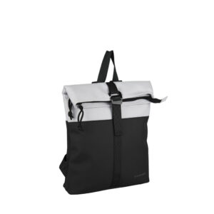 Introducing the Los Angeles Rucksack - Black / Grey: a two-tone bag with a black lower section, light grey upper flap, black strap and buckle fastening, and top handle—ideal for shopping in Tallinn or as a unique gift shop find. Gate21.ee