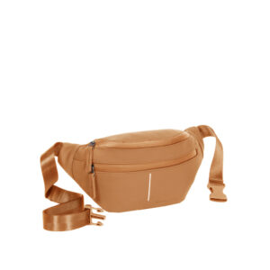 The Waistbag Vancouver - Cognac is a tan leather bum bag with a front zip pocket, adjustable strap, and plastic buckle, reflecting timeless Estonian design, displayed on a white background. Gate21.ee