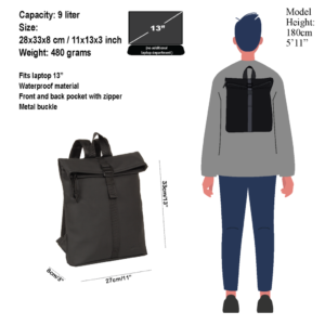 The Los Angeles Backpack - Black features a roll-top design, metal buckle, waterproof material, and 9L capacity—ideal for shopping or concept shop fans. Illustration shows it on a 180 cm (5'11") model with key dimensions and features highlighted. Gate21.ee