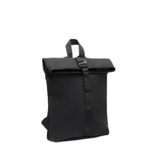 The Los Angeles Backpack - Black features a rectangular shape with a roll-top fastening, central strap, and buckle. Its minimalist design suits curated gift shops or anyone seeking unique everyday accessories. Shown on a white background. Gate21.ee