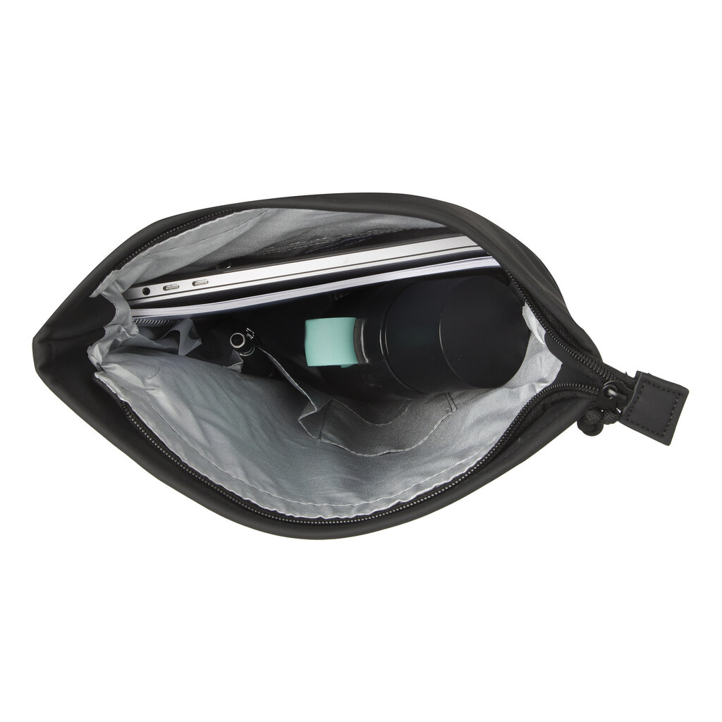 The Los Angeles Backpack – Black, seen from above with a laptop, black water bottle, and small turquoise item inside its light grey lining—an ideal pick for discovering unique finds at your favourite concept store. Gate21.ee