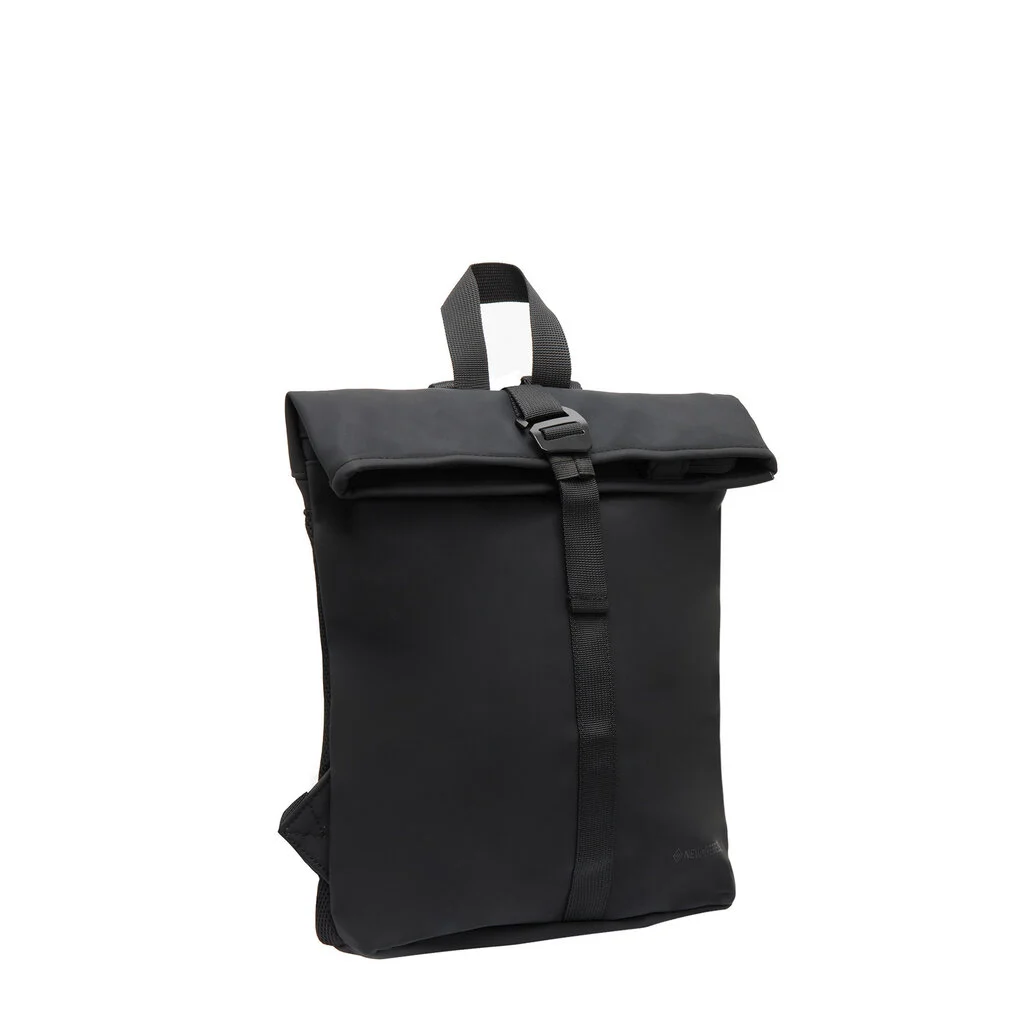 The Los Angeles Backpack - Black features a rectangular shape with a roll-top fastening, central strap, and buckle. Its minimalist design suits curated gift shops or anyone seeking unique everyday accessories. Shown on a white background. Gate21.ee