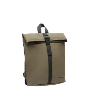 The Los Angeles Backpack - Olive features a khaki green hue, roll-top fastening, black strap and buckle, and a top handle. This minimalist rectangular design captures modern Estonian style—ideal for Tallinn shoppers or as a chic present. Gate21.ee