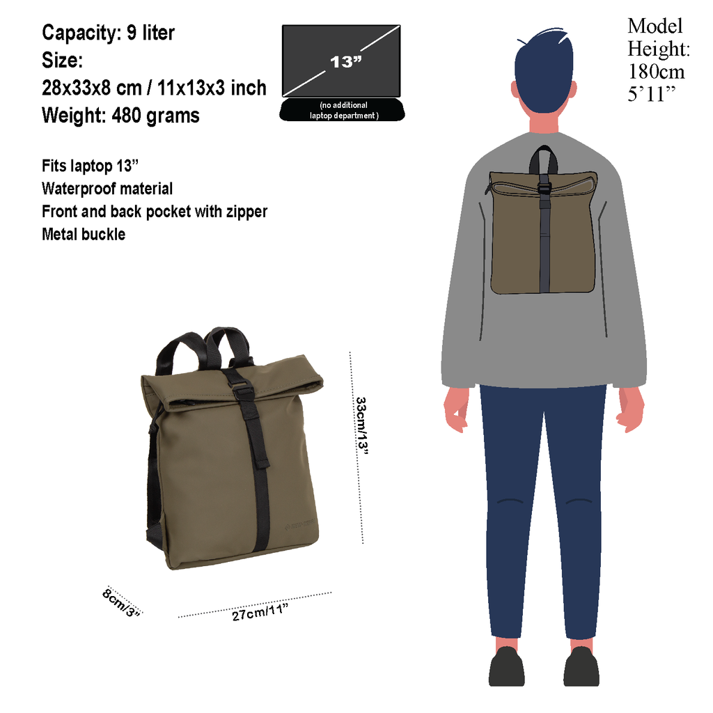 The Los Angeles Backpack – Olive, featuring a black strap and metal buckle with Estonian design, is shown on a model and alone with labelled dimensions. It fits a 13-inch laptop, is water-resistant, and includes zippered front and back pockets. Gate21.ee