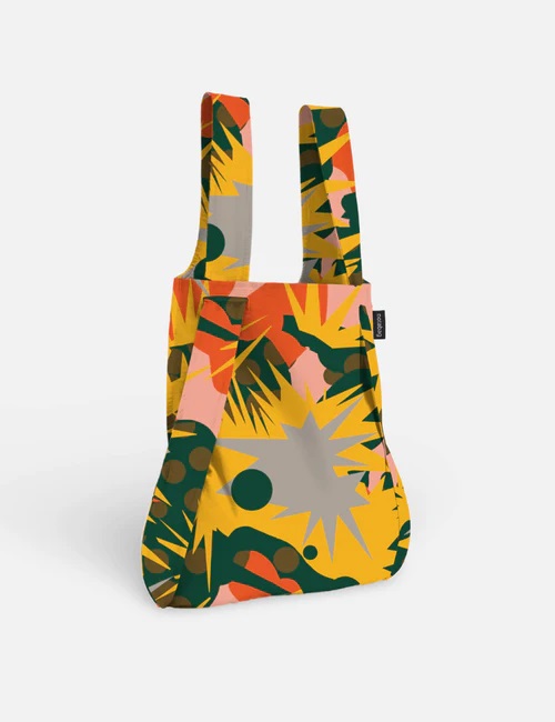 Spark reusable tote bag with two handles, featuring an abstract pattern in yellow, orange, green, and grey—showcasing curated Estonian design. Displayed on a white background; ideal for shopping in Tallinn. Gate21.ee