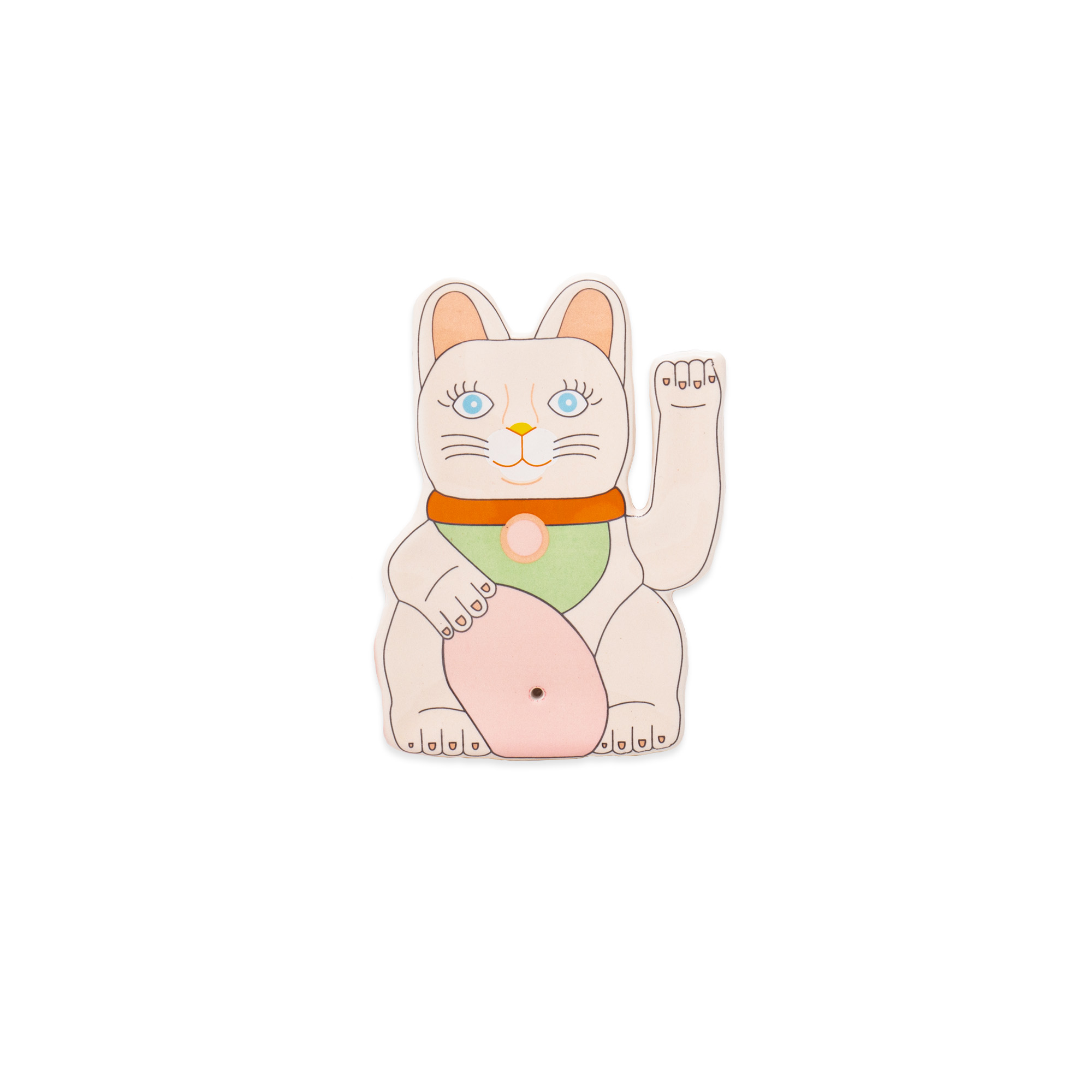 The Incense burner - Lucky Cat features a flat illustration of a white maneki-neko with an orange collar, green bib, and pink oval. Ideal for gift shops or concept stores that love playful Estonian design. Plain white background. Gate21.ee