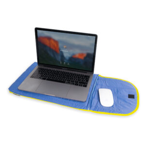 A puffy laptop sleeve 15" in blue with yellow trim, featuring Estonian design, provides a protective surface for your laptop—a modern shop find that hints at creative ideas. Gate21.ee
