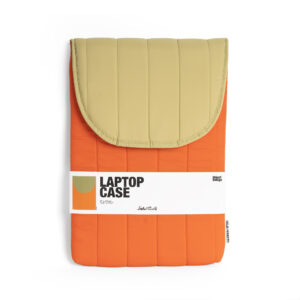 The Puffy laptop sleeve 15''- Orange features a padded orange body with a beige flap, shown in packaging labelled "Laptop Case" with product info and branding—ideal for Tallinn shopping or as a unique concept shop find. Gate21.ee