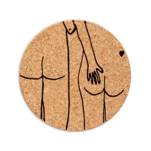 The Helen B XL Coaster - Back features a minimalist black line drawing of two nude figures on round cork, showcasing Estonian design. A perfect gift for concept shop fans who appreciate unique and artistic pieces. Gate21.ee