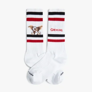 The Gremlins - Athletic socks are white crew socks with red and black stripes, featuring a Gremlins character graphic on one sock and “Gremlins” in red on the other—ideal for your concept shop or Tallinn shopping finds. Gate21.ee