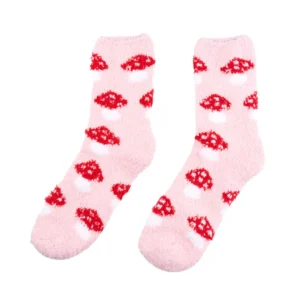 Mushroom - Fuzzy Socks: Cosy, light pink fluffy socks with a red and white mushroom pattern. Shown laid flat side by side on a white background, they're perfect for anyone who loves fun, unique style. Gate21.ee