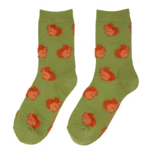 Squirrel - Cotton Socks: Green socks featuring a playful all-over pattern of small orange cartoon squirrels facing left—a quirky choice for your Tallinn shopping adventures. Gate21.ee