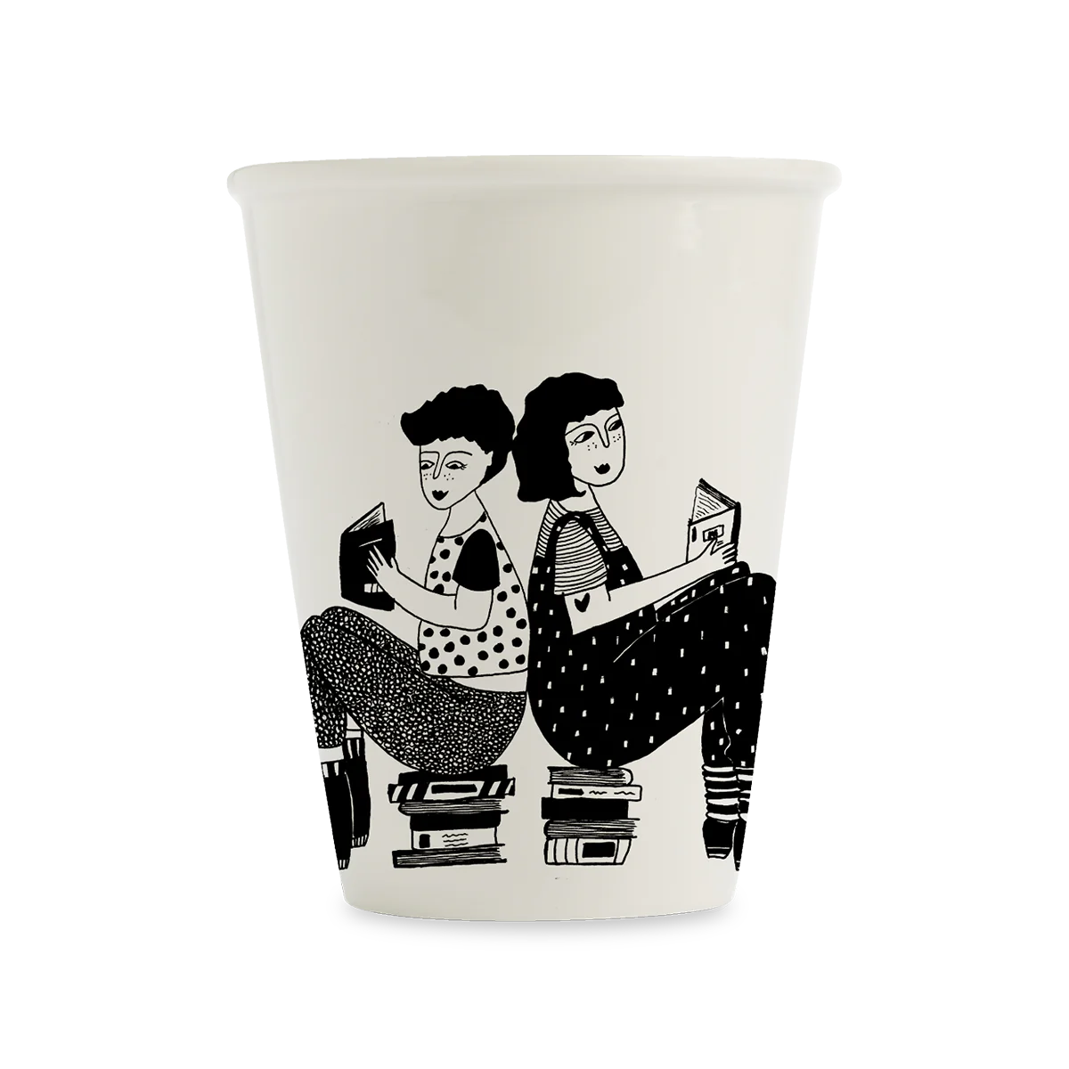 The Book Lovers Cup is a white mug with a black line drawing of two people sitting back-to-back, each reading on stacks of books—a perfect gift for design enthusiasts and fans of Tallinn shopping. Gate21.ee