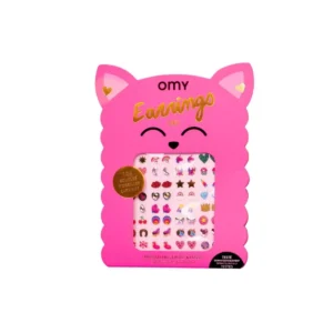A pink cat-shaped box labelled "Lily - Earring Stickers" displays over 100 colourful stick-on earrings—stars, hearts, rainbows—through a clear window. A fun gift and unique Tallinn shopping idea for fans of Estonian design. Gate21.ee