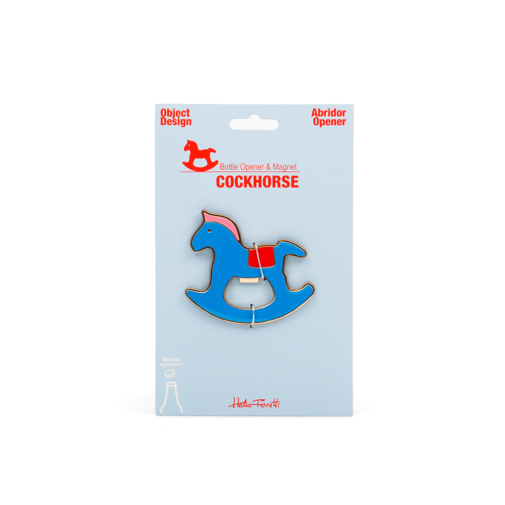 The Blue Rocking Horse - Magnetic Bottle Opener is a rocking horse-shaped, blue bottle opener and magnet on a light blue card with red "COCKHORSE" text—perfect for curated gift shops or concept stores. Gate21.ee