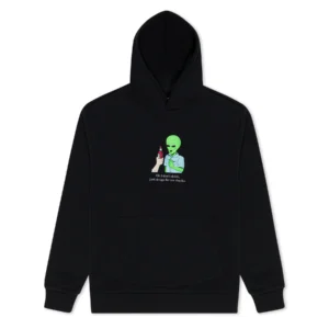 The "I Don’t Drink hoodie - Black" features a green alien holding a bottle and the phrase “Ok I do drinks, just not from this timeline” below. Curated for our gift shop, this hooded sweatshirt includes a front pocket. Gate21.ee