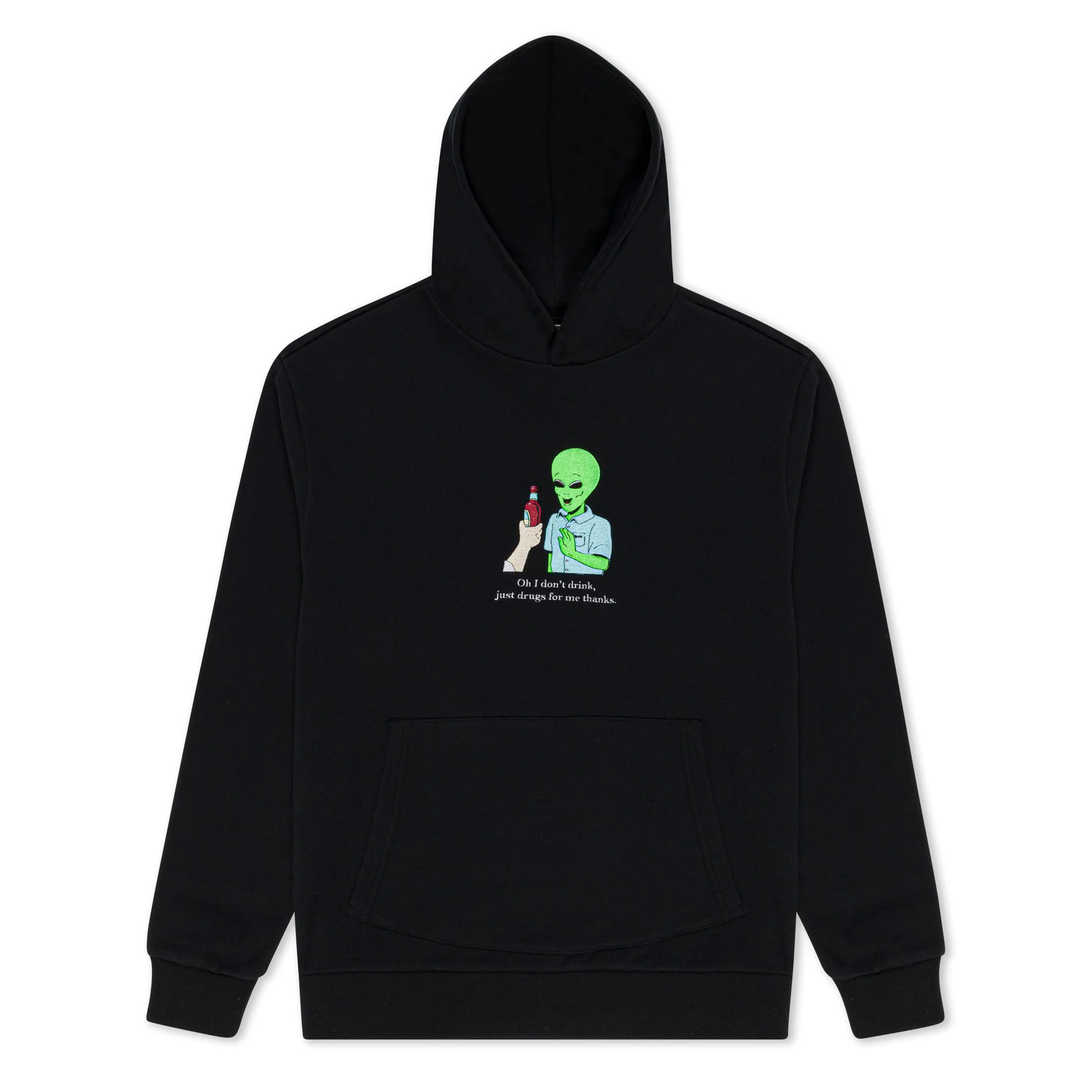 The "I Don’t Drink hoodie - Black" features a green alien holding a bottle and the phrase “Ok I do drinks, just not from this timeline” below. Curated for our gift shop, this hooded sweatshirt includes a front pocket. Gate21.ee