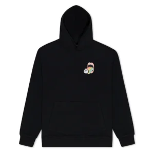 The Lick Me hoodie - Black features a front pocket and a small chest graphic of an open mouth with a rainbow and white cat, inspired by Estonian design and unique ideas from our concept shop. Gate21.ee