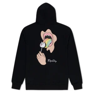 The Lick Me hoodie in black from a curated concept store features a back graphic of an open mouth with a hand holding a cat-shaped rainbow lolly, and "Ripndip" printed below the image. Gate21.ee