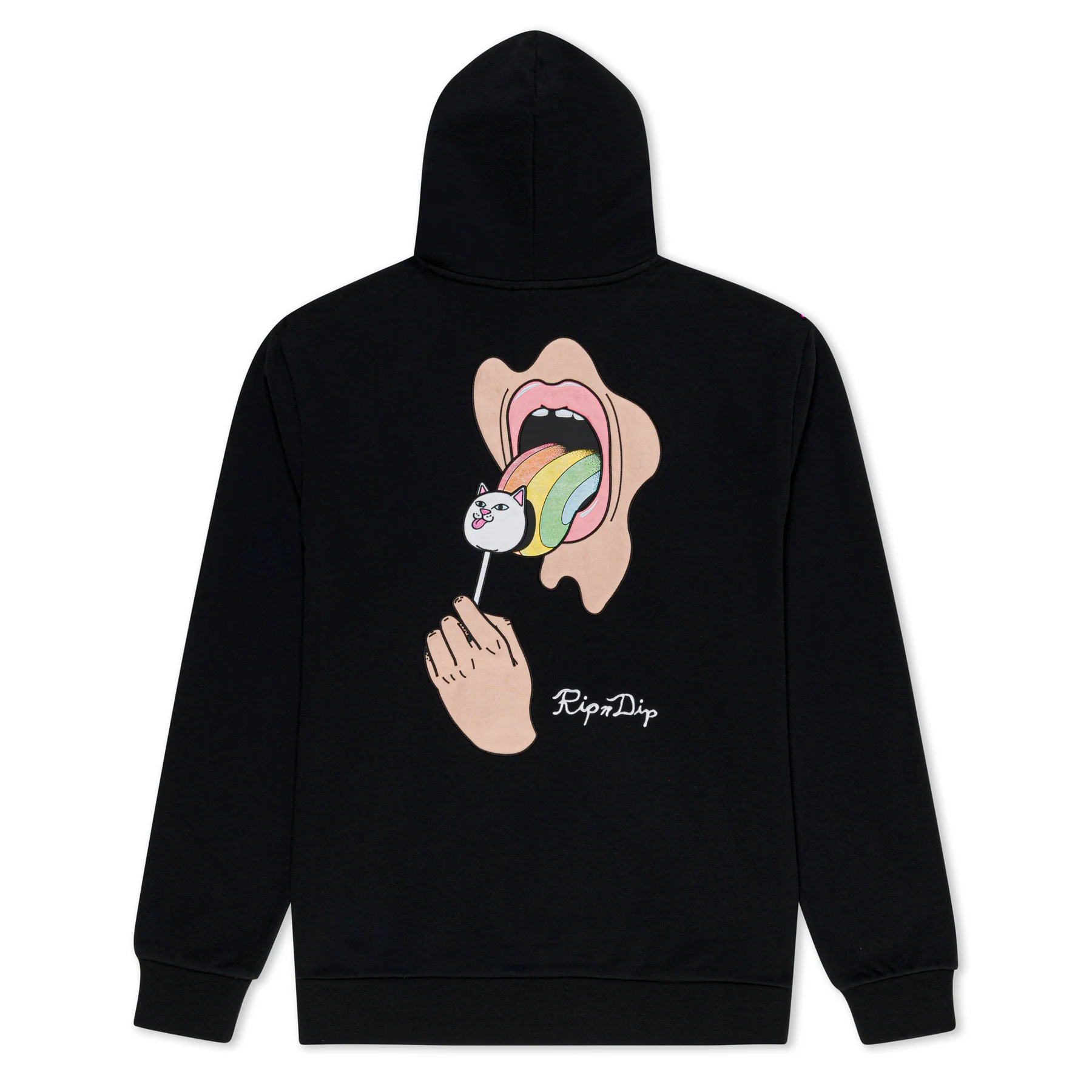 The Lick Me hoodie in black from a curated concept store features a back graphic of an open mouth with a hand holding a cat-shaped rainbow lolly, and "Ripndip" printed below the image. Gate21.ee