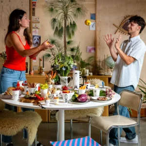 A woman and a man stand on opposite sides of a round table with food, cups, and fruit in a cosy room; the scene resembles a curated Tallinn shop, with shelves showcasing unique items like the Yoga in the Shower Cup. Gate21.ee
