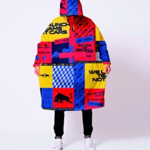 A person stands against a white background, wearing the Box Box &ndash; Special Edition hooded coat with bold, colourful Estonian-inspired graphics, plus black trousers and white trainers for a standout concept shop look. Gate21.ee